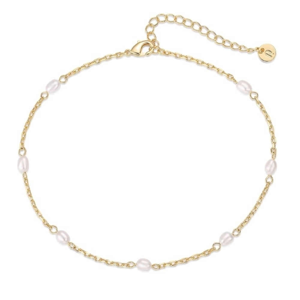 14K Gold Plated Charm Link Chain Pearl Adjustable Anklet